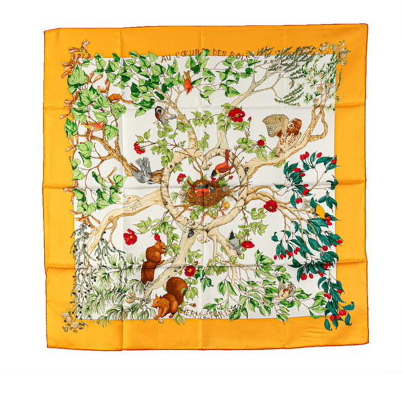 Hermes Hermès Carré 90 "AU COEUR DES BOIS" "In the Forest" Scarf, Orange, Whi... - Picture 1 of 5